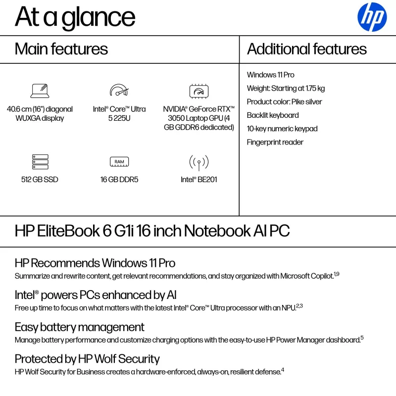 HP EliteBook 6 G1i AI Intel Core Ultra 5 225U nešiojamas kompiuteris 40,6 cm (16 colių) WUXGA 16 GB DDR5-SDRAM „Wi-Fi 7“ (802.11be) „Windows 11 Pro“ AI kompiuteris sidabrinis