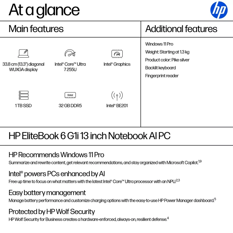 HP EliteBook 6 G1i AI PC Intel Core Ultra 7 255U nešiojamas kompiuteris 33,8 cm (13,3 colio) WUXGA 32 GB DDR5-SDRAM „Wi-Fi 7“ (802.11be) „Windows 11 Pro“ sidabrinis