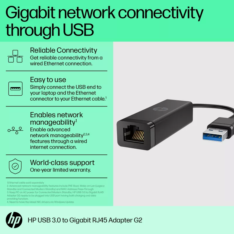 HP USB 3.0 į Gigabit RJ45 adapteris G2, laidinis, USB, Ethernet, juoda