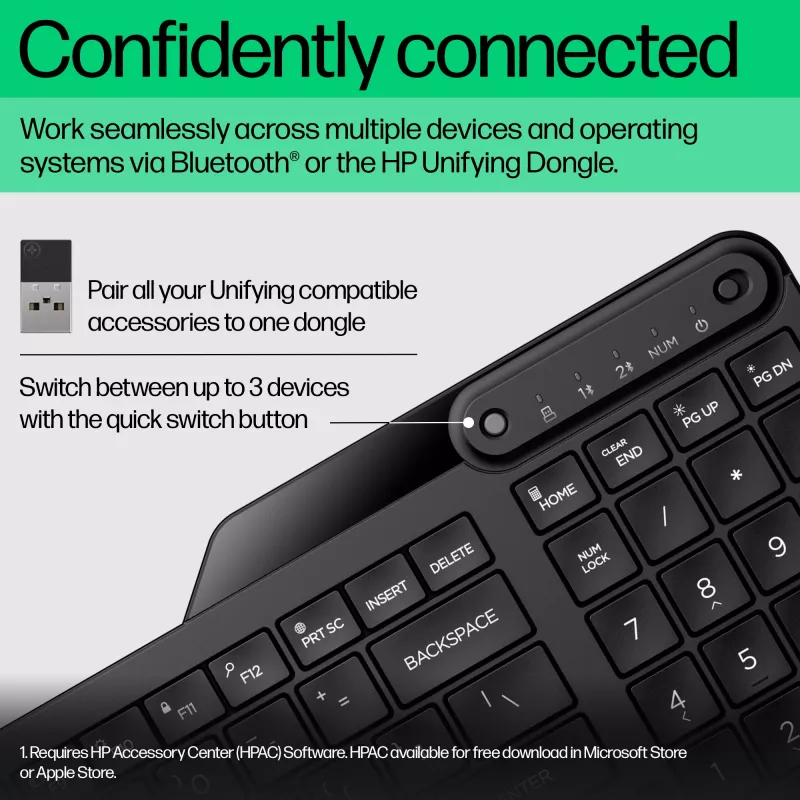 HP 475 belaidė klaviatūra su dviem režimais, pilno dydžio (100%), belaidė, RF belaidė + Bluetooth, membraninė, juoda