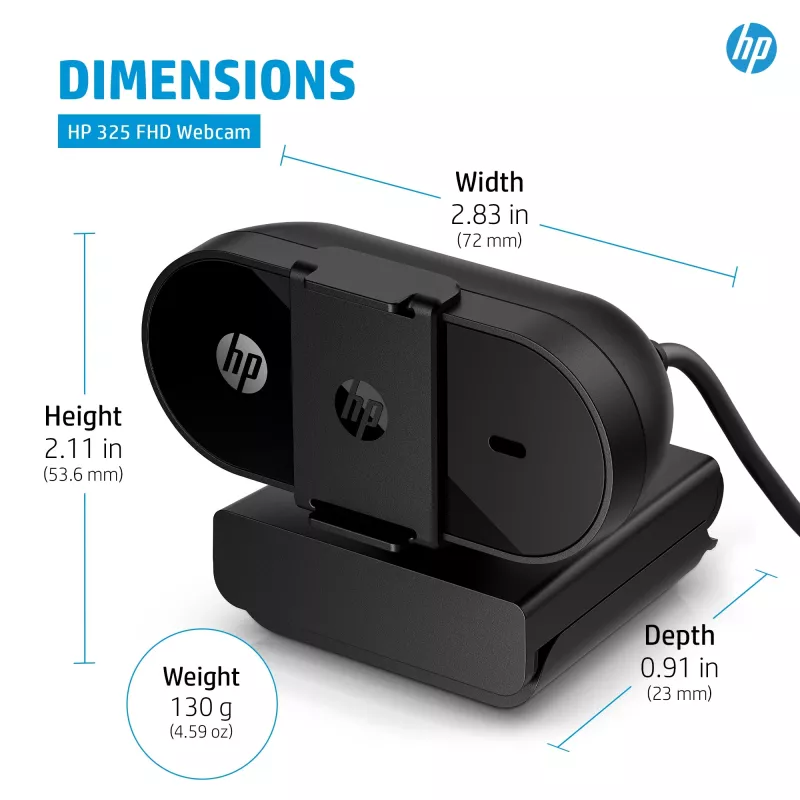 HP 325 FHD internetinė kamera, verslui, Windows 10, Windows 11, MacOS, 72 mm, 53,6 mm, 53,2 mm