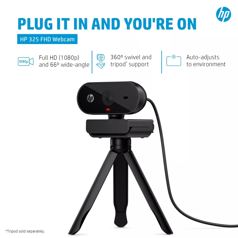 HP 325 FHD internetinė kamera, verslui, Windows 10, Windows 11, MacOS, 72 mm, 53,6 mm, 53,2 mm