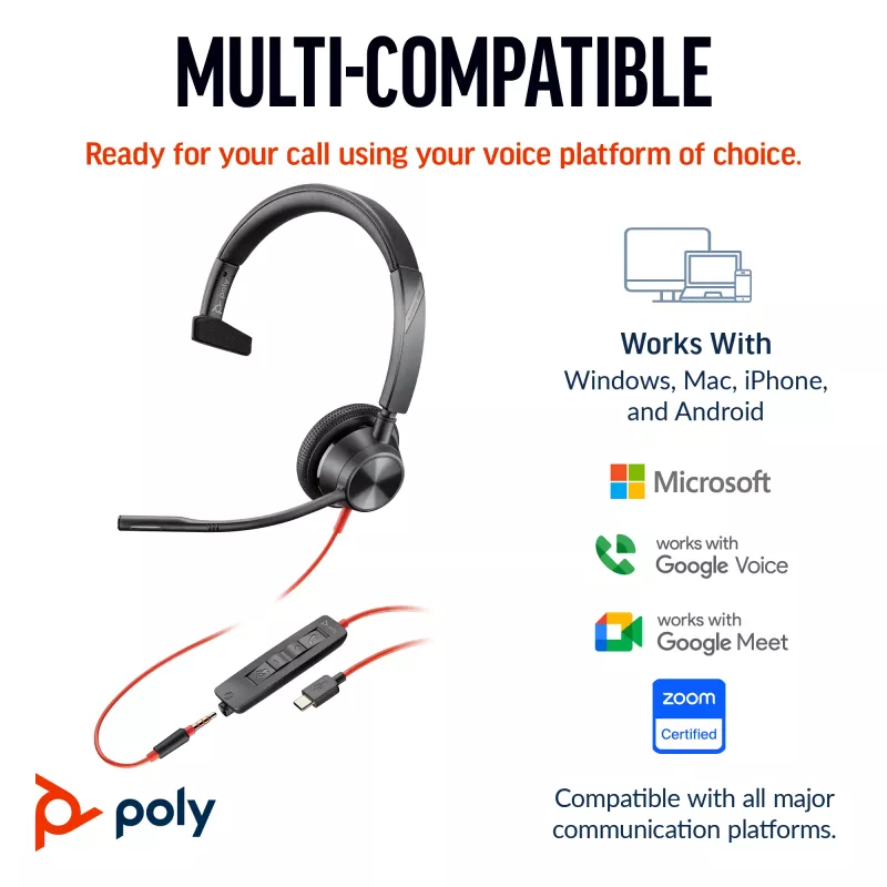 HP Poly Juodawire 3315 Monaural Microsoft Teams Certified USB-C ausinės +3,5 mm kištukas +USB-C/A adapteris