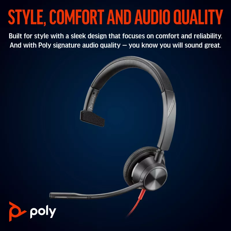 HP Poly Juodawire 3315 Monaural Microsoft Teams Certified USB-C ausinės +3,5 mm kištukas +USB-C/A adapteris