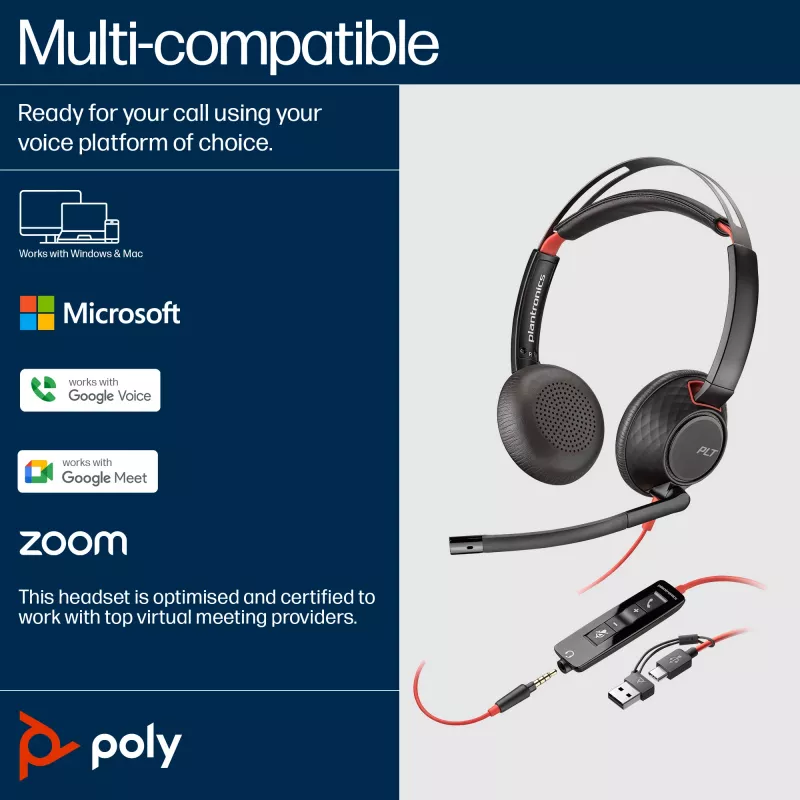 HP Poly Blackwire 5220 Stereo USB-C ausinės + 3,5 mm kištukas + USB-C/A adapteris (didmeninė prekė)