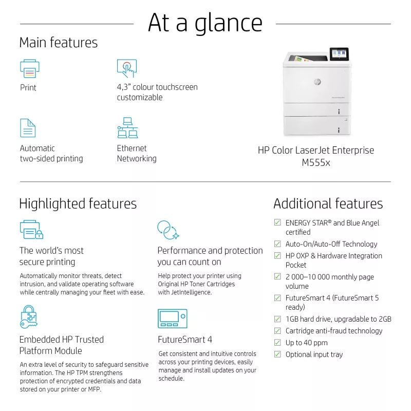 HP Color LaserJet Enterprise M555x, Laser, Spalvotas, 1200 x 1200 DPI, A4, 38 ppm, Dvipusis spausdinimas