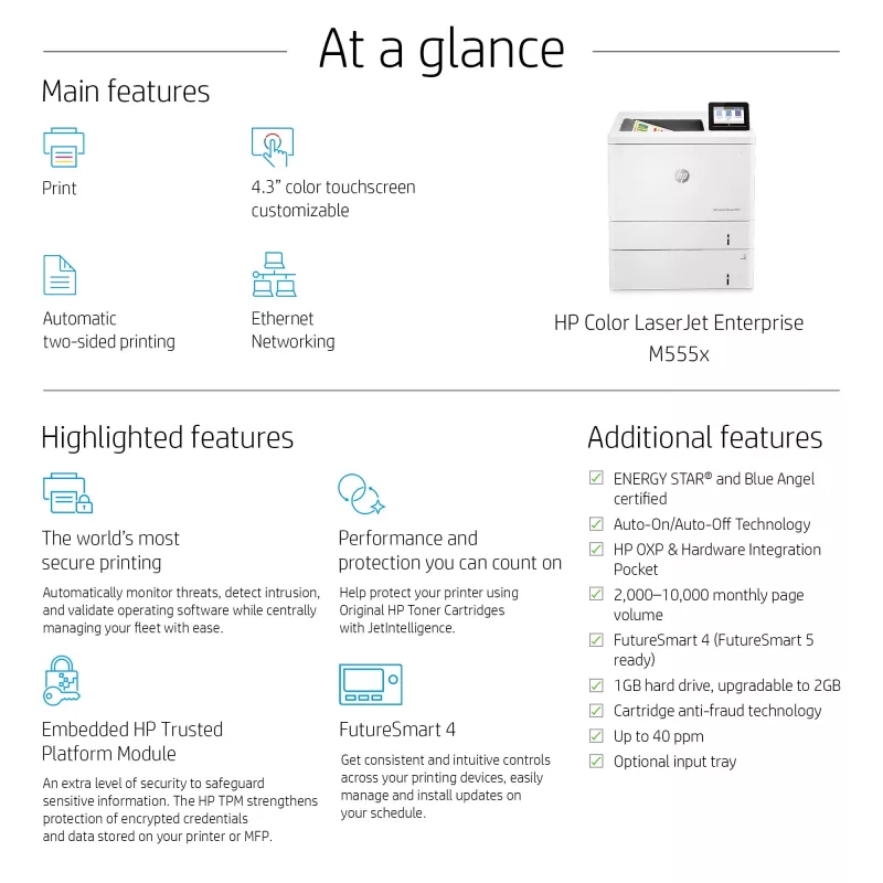 HP Color LaserJet Enterprise M555x, Laser, Spalvotas, 1200 x 1200 DPI, A4, 38 ppm, Dvipusis spausdinimas