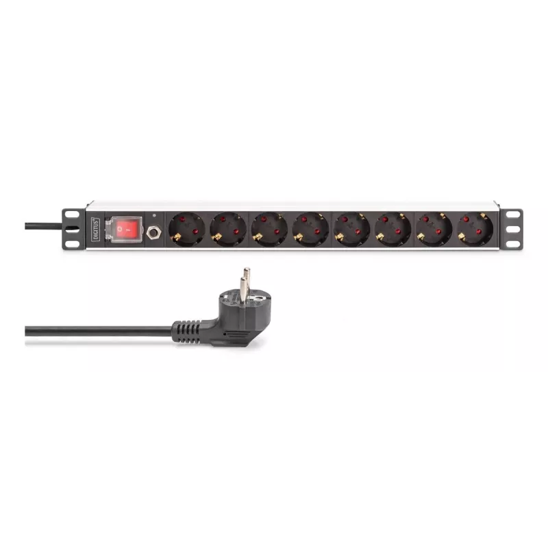 DIGITUS PDU - 1U aliuminis stovo maitinimo skirstytuvas 7x apsaugotas + 1x lizdas 16A 4000W 250VAC 50/60Hz apsauga nuo perkrovos