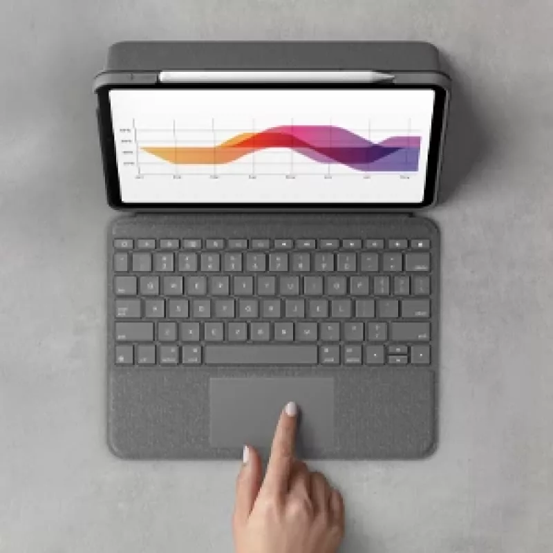 LOGITECH Folio Touch klaviatūros dėklas su apšvietimu ir jutikliniu kilimėliu Oxford Grey, skirtas iPad Air (4 kartos), vokiška QWERTZ