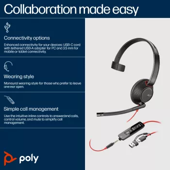 HP Poly Blackwire 5210 Monofoninė USB-C ausinė + 3,5 mm kištukas + USB-C/A adapteris (urmu)