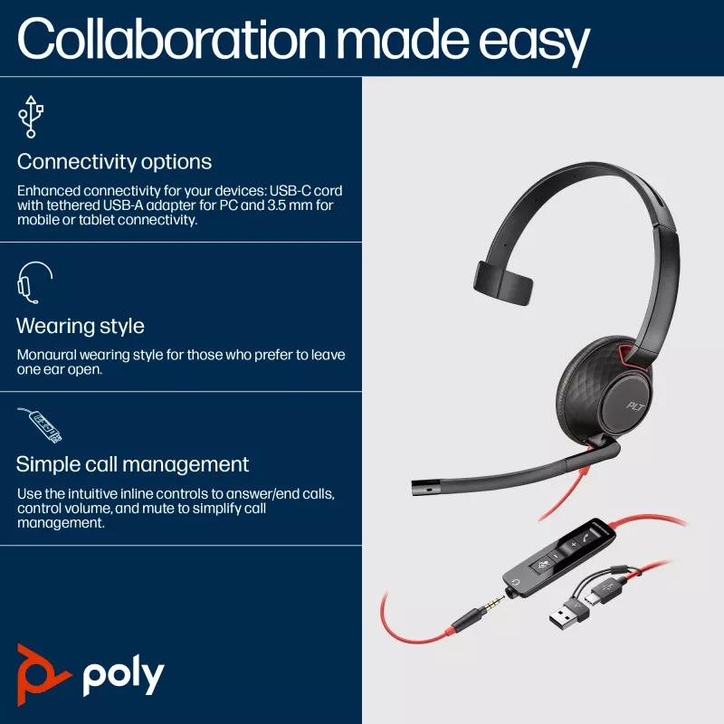 HP Poly Blackwire 5210 Monofoninė USB-C ausinė + 3,5 mm kištukas + USB-C/A adapteris (urmu)