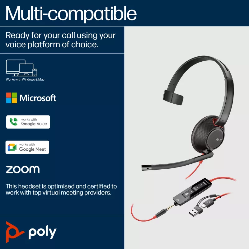 HP Poly Blackwire 5210 Monofoninė USB-C ausinė + 3,5 mm kištukas + USB-C/A adapteris (urmu)