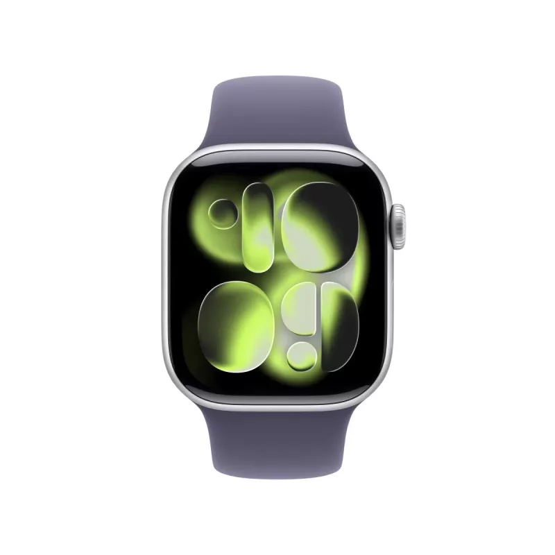 APPLE Watch Series 11 GPS 42mm sidabrinis aliuminio korpusas su purpuriniu „Fog“ sportiniu dirželiu S/M