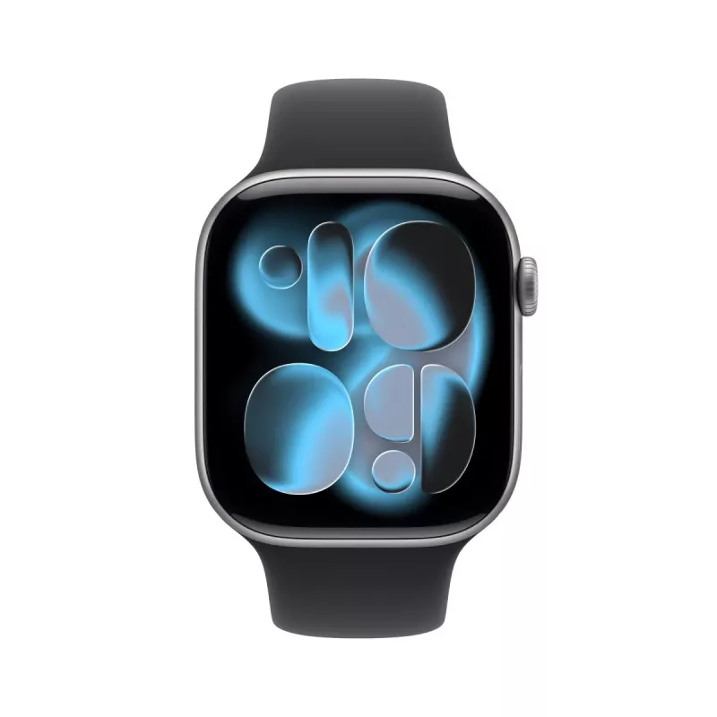 APPLE Watch Series 11 GPS 46mm kosminės pilkos spalvos aliuminio korpusas su juodu sportiniu dirželiu S/M