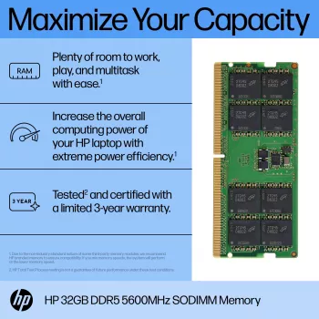 HP 32GB DDR5 5600 SODIMM atmintis, 32 GB, DDR5, 5600 MHz, 262 kontaktų SO-DIMM