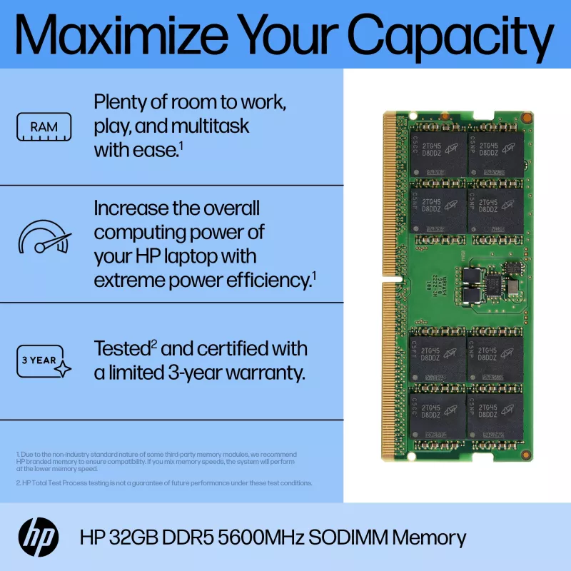 HP 32GB DDR5 5600 SODIMM atmintis, 32 GB, DDR5, 5600 MHz, 262 kontaktų SO-DIMM