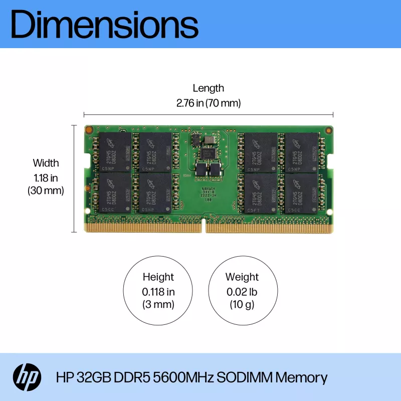 HP 32GB DDR5 5600 SODIMM atmintis, 32 GB, DDR5, 5600 MHz, 262 kontaktų SO-DIMM
