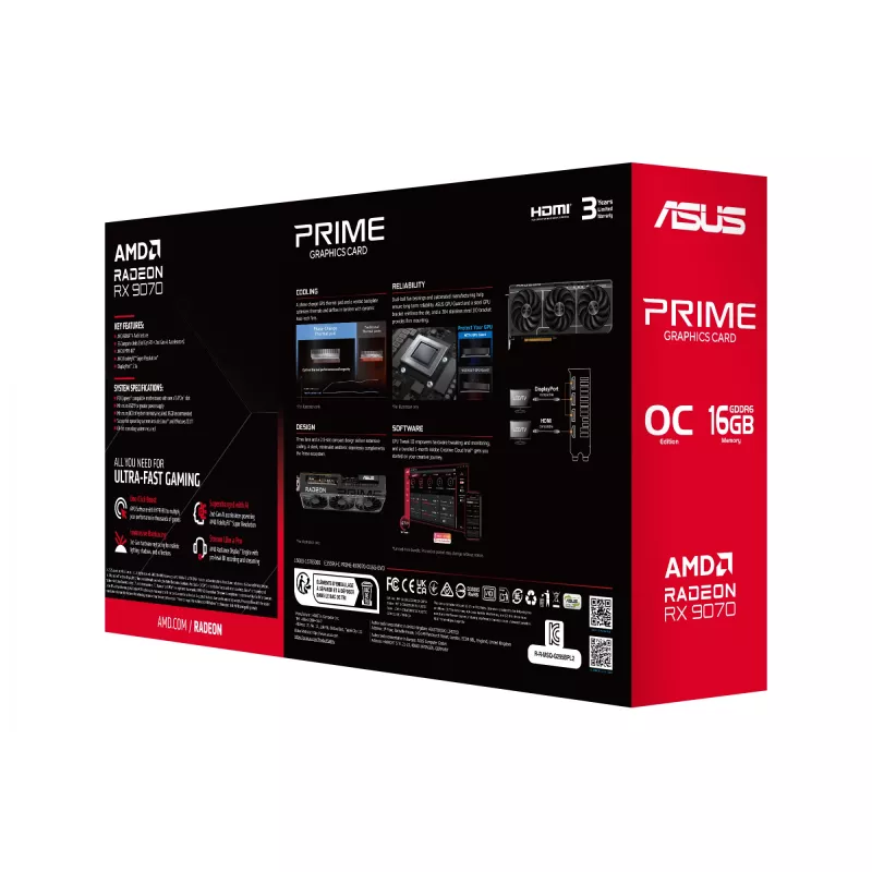 Vaizdo plokštė ASUS Radeon RX 9070 16 GB GDDR6 PCIe 5.0 256 bitų, 3 ventiliatorių aušinimas, PCI Express 5.0