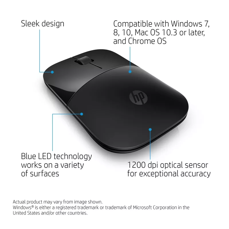 HP Z3700 Black Wireless Mouse, Ambidextrous, Optical, RF Wireless, 1200 DPI, Black
