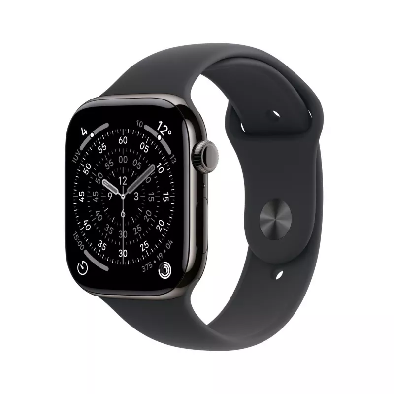 APPLE Watch Series 11 GPS + Cellular 46mm titano spalvos titano korpusas su juodu sportiniu dirželiu M/L