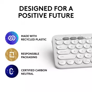 Kompaktiška mini klaviatūra Logitech Pebble Keys 2 K380s — RF belaidė + Bluetooth, QWERTY US International, balta