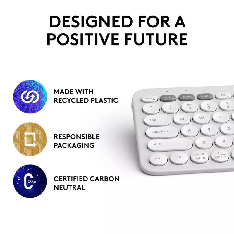 Kompaktiška mini klaviatūra Logitech Pebble Keys 2 K380s — RF belaidė + Bluetooth, QWERTY US International, balta