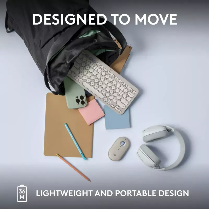 Kompaktiška mini klaviatūra Logitech Pebble Keys 2 K380s — RF belaidė + Bluetooth, QWERTY US International, balta