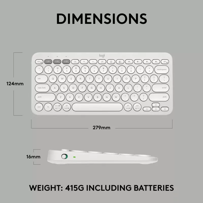 Kompaktiška mini klaviatūra Logitech Pebble Keys 2 K380s — RF belaidė + Bluetooth, QWERTY US International, balta