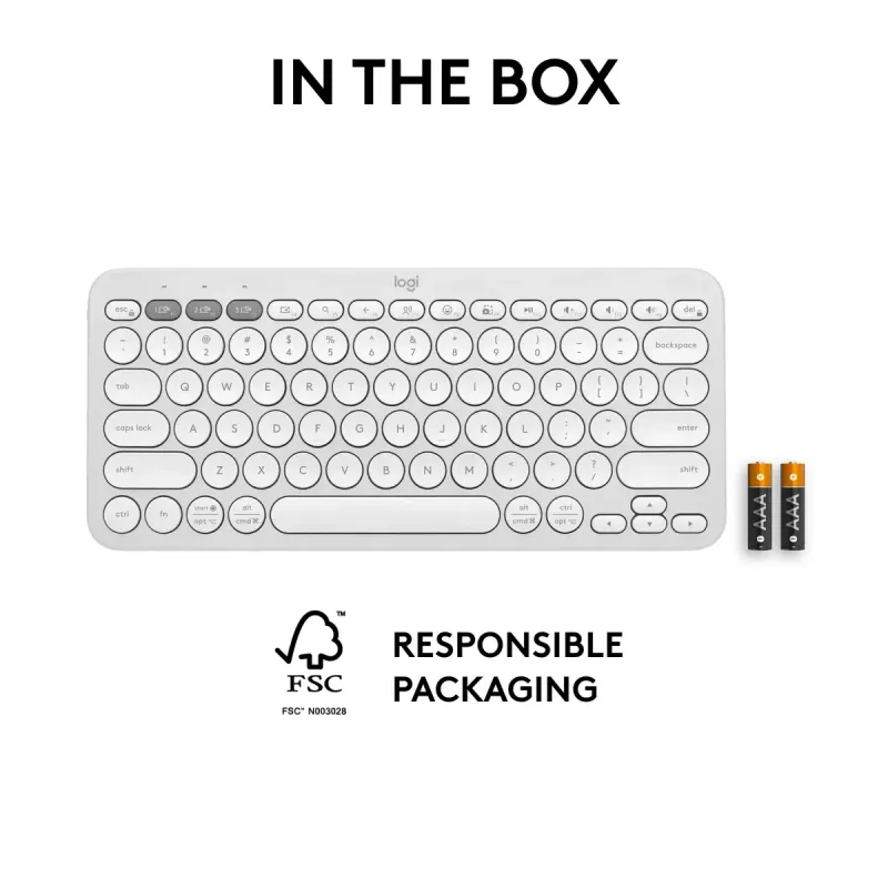 Kompaktiška mini klaviatūra Logitech Pebble Keys 2 K380s — RF belaidė + Bluetooth, QWERTY US International, balta