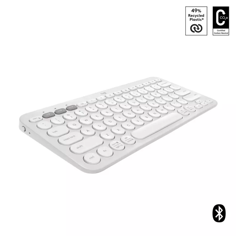 Kompaktiška mini klaviatūra Logitech Pebble Keys 2 K380s — RF belaidė + Bluetooth, QWERTY US International, balta