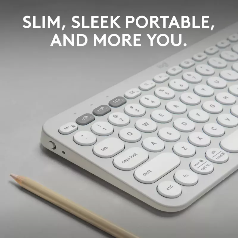 Kompaktiška mini klaviatūra Logitech Pebble Keys 2 K380s — RF belaidė + Bluetooth, QWERTY US International, balta