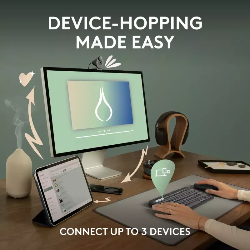 Kompaktiška mini klaviatūra Logitech Pebble Keys 2 K380s — RF belaidė + Bluetooth, QWERTY US International, balta