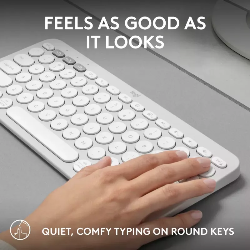Kompaktiška mini klaviatūra Logitech Pebble Keys 2 K380s — RF belaidė + Bluetooth, QWERTY US International, balta