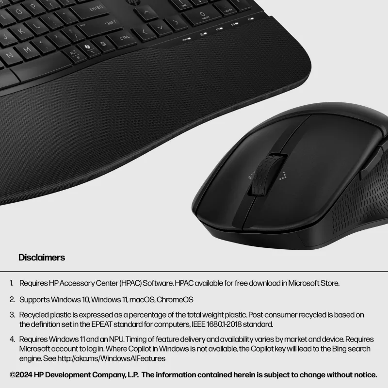 HP 685 Comfort belaidė dviejų režimų klaviatūros ir pelės kombinacija, Bluetooth, viso dydžio