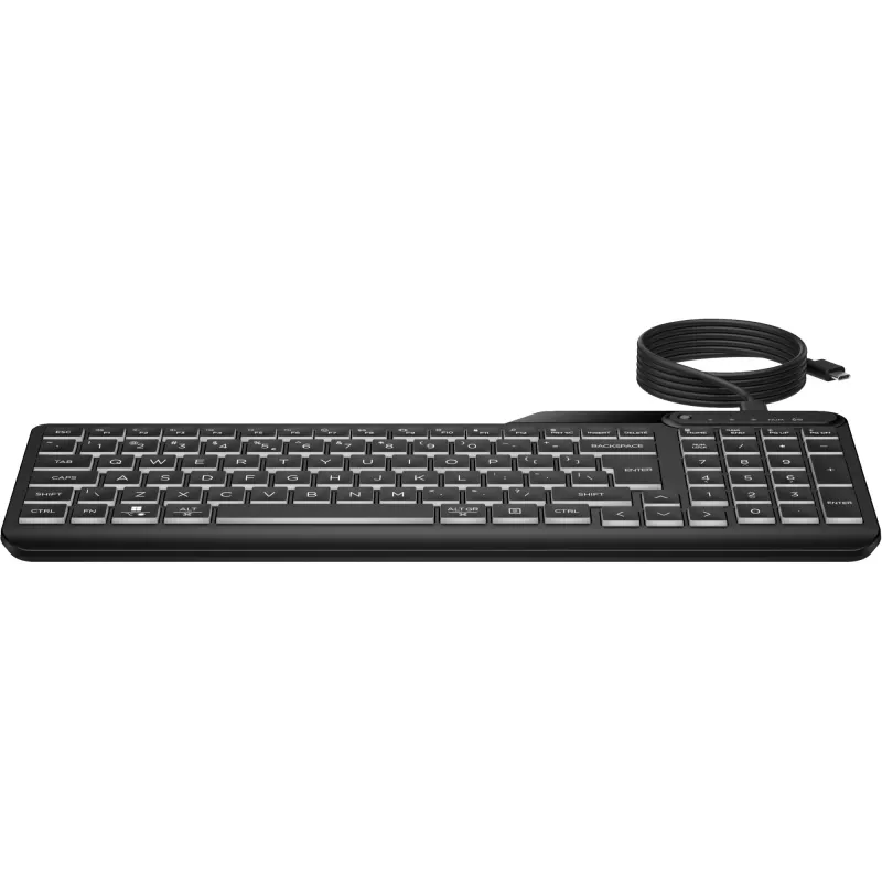 HP 405 daugiaįrenginė apšviesta laidinė klaviatūra, pilno dydžio (100%), laidinė, USB, membraninė, QWERTY, juoda