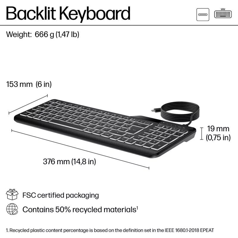 HP 405 daugiaįrenginė apšviesta laidinė klaviatūra, pilno dydžio (100%), laidinė, USB, membraninė, QWERTY, juoda