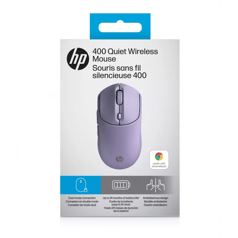 HP 400 tylioji violetinė belaidė pelė, ambidekstrinė, RF belaidis + Bluetooth, 6000 DPI, violetinė