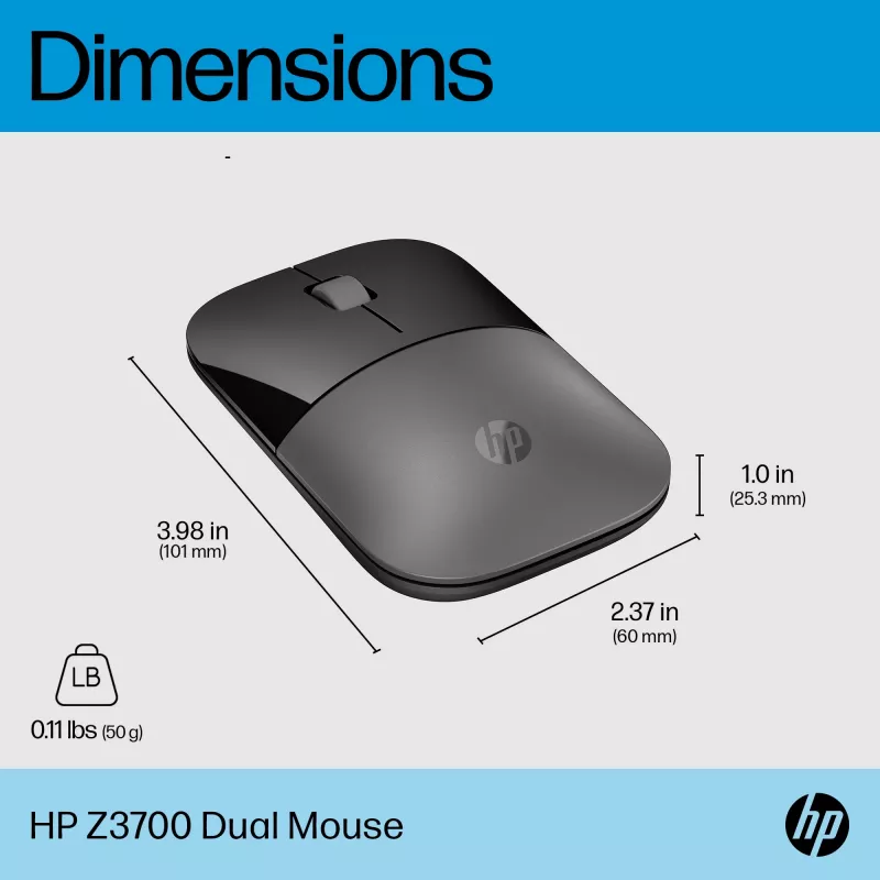 HP Z3700 Dual Silver Mouse, ambidekstrinė, RF belaidis + Bluetooth, sidabrinė