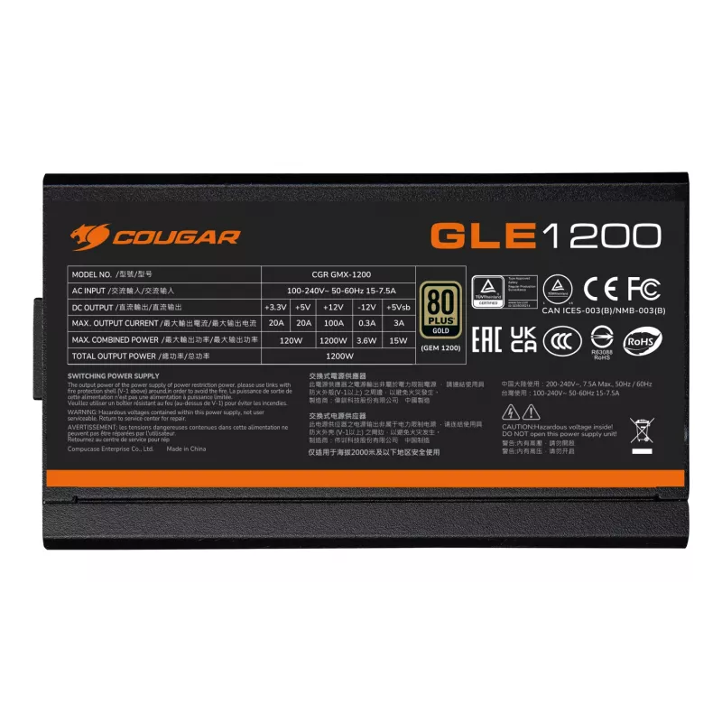 COUGAR maitinimo blokas GLE 1000W ATX3.1 / 80 Plus Gold, 1000 W, 100 - 240 V, 50/60 Hz, 15-7.5 A, 120 W, 1000 W