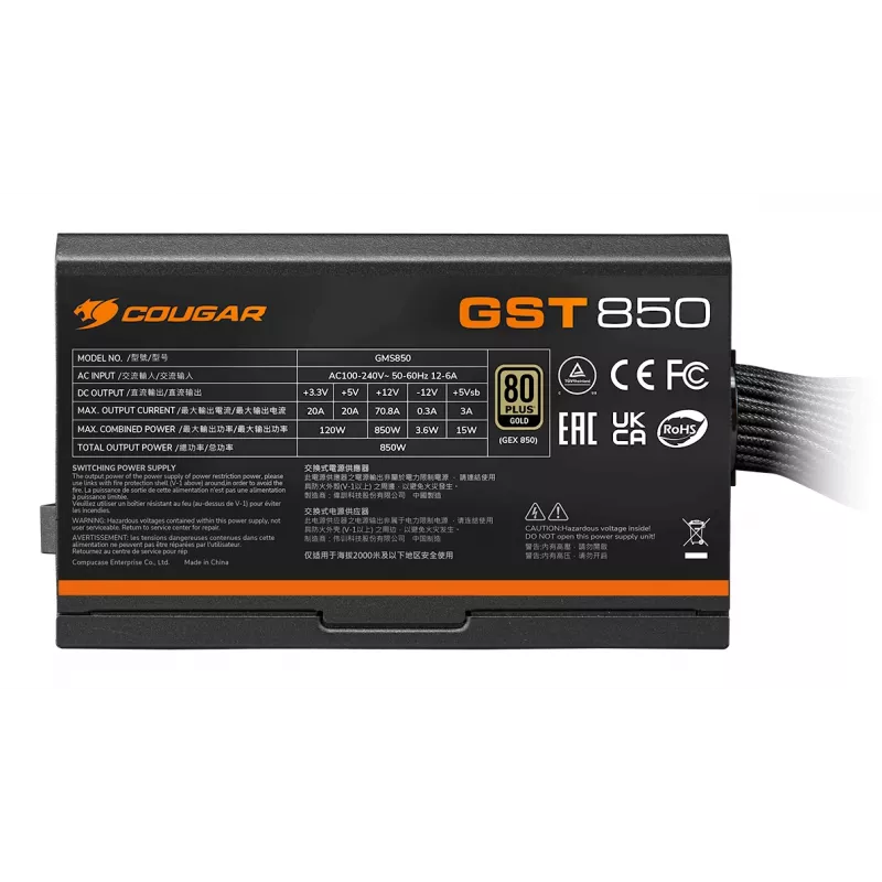 COUGAR maitinimo blokas GST 850W ATX3.1 / 80 Plus Gold, 850 W, 100 - 240 V, 50/60 Hz, 12 - 6 A, 120 W, 850 W