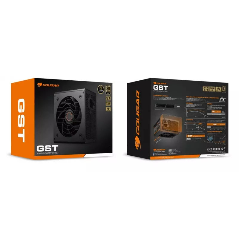 COUGAR maitinimo blokas GST 850W ATX3.1 / 80 Plus Gold, 850 W, 100 - 240 V, 50/60 Hz, 12 - 6 A, 120 W, 850 W