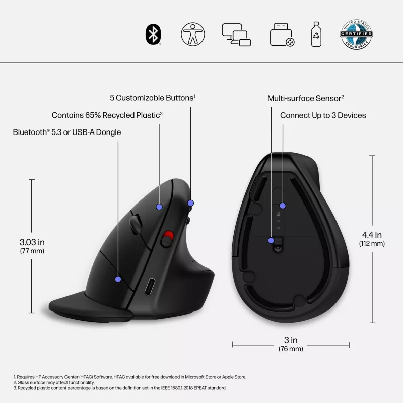 HP 920 ergonominė belaidė pelė, dešinei rankai, vertikalus dizainas, Bluetooth + USB Type-A, 4000 DPI, juoda
