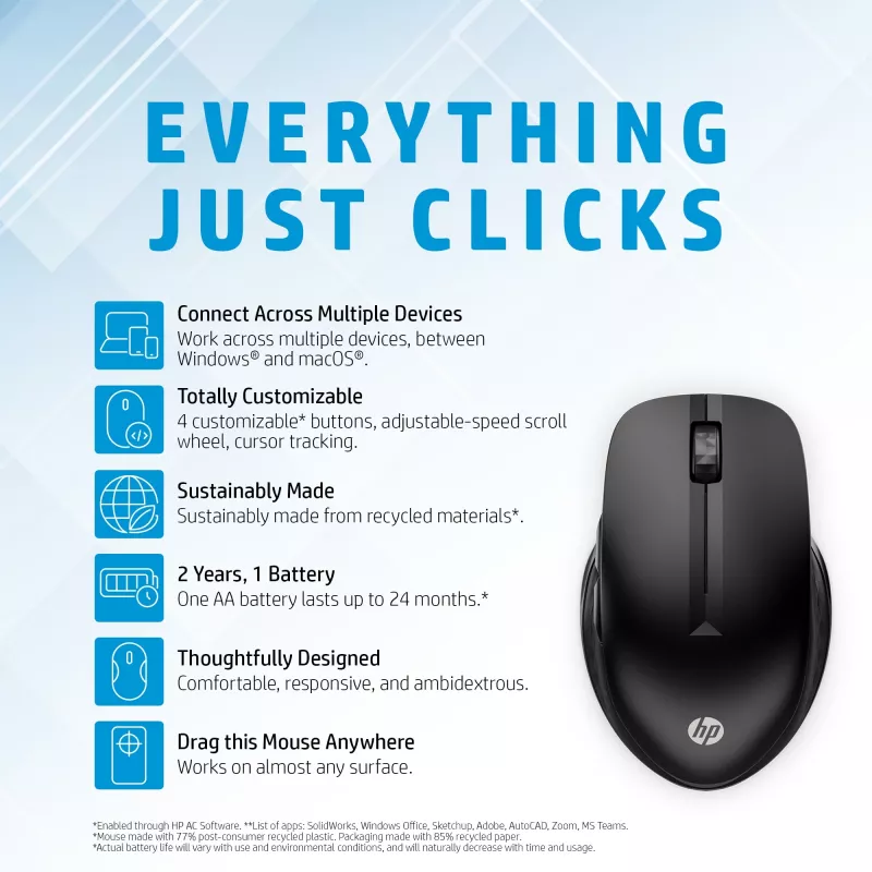 HP 430 belaidė pelė keliems įrenginiams, ambidekstrinė, optinė, RF belaidė + Bluetooth, 1200 DPI, juoda