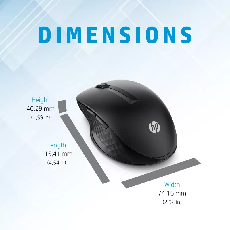 HP 430 belaidė pelė keliems įrenginiams, ambidekstrinė, optinė, RF belaidė + Bluetooth, 1200 DPI, juoda