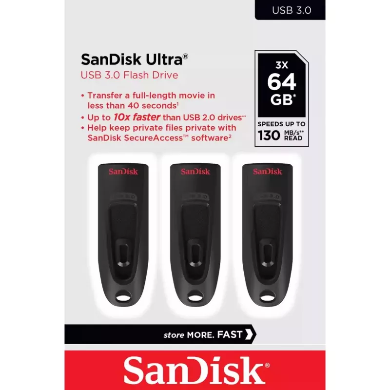 WESTERN DIGITAL Sandisk Cruzer Ultra - 64 GB USB atmintinė - USB 3.0 - juoda - 3 vnt.