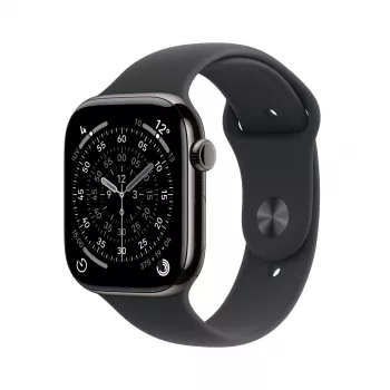 APPLE Watch Series 11 GPS + Cellular 46mm titano spalvos titano korpusas su juodu sportiniu dirželiu S/M