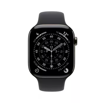 APPLE Watch Series 11 GPS + Cellular 46mm titano spalvos titano korpusas su juodu sportiniu dirželiu S/M