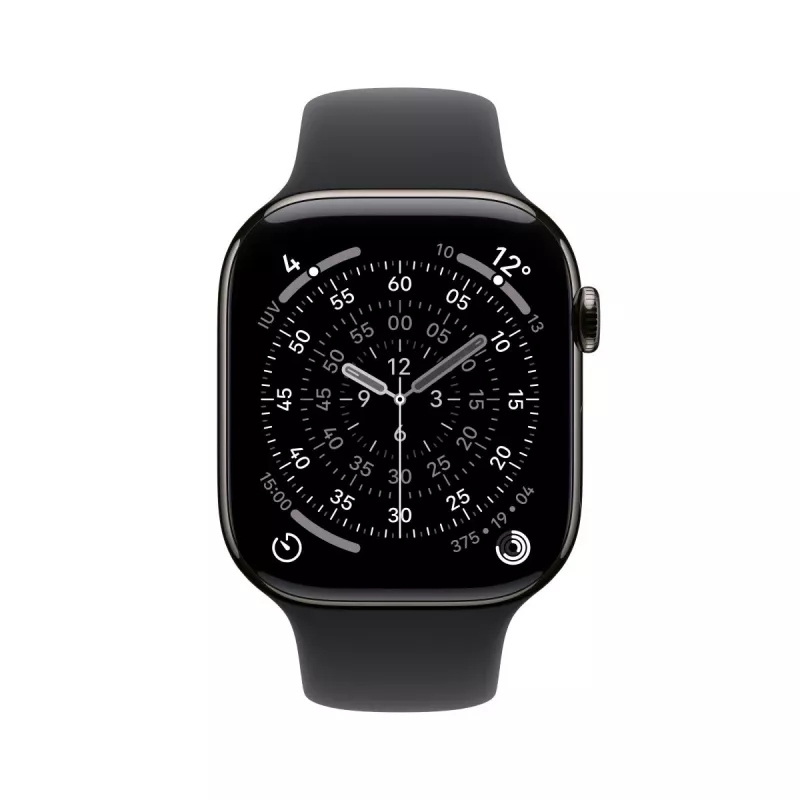 APPLE Watch Series 11 GPS + Cellular 46mm titano spalvos titano korpusas su juodu sportiniu dirželiu S/M