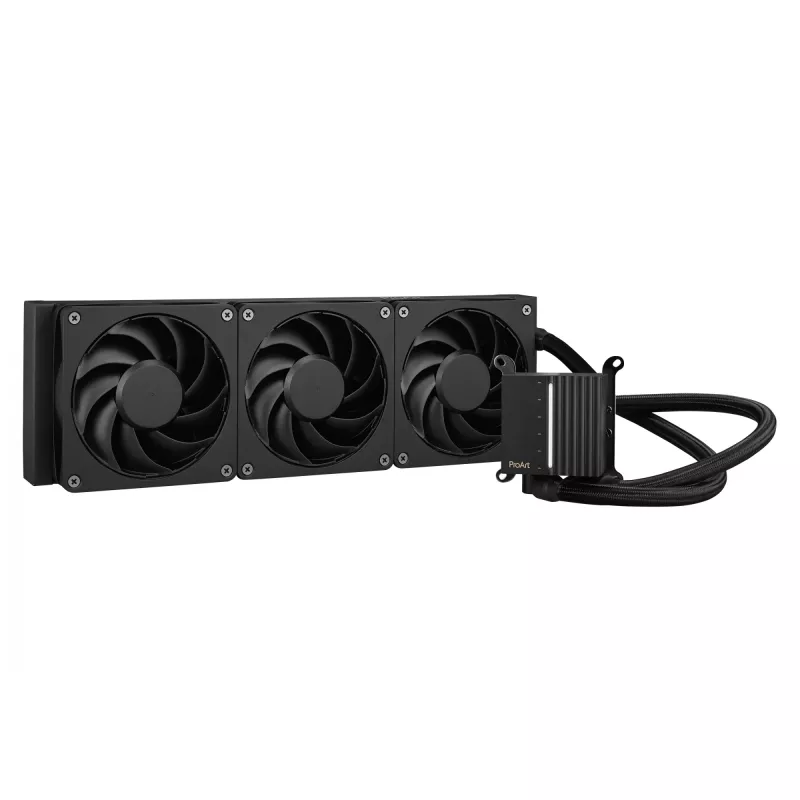 Skysčio aušinimo rinkinys ASUS ProArt LC 360 Black — 3x120 mm ventiliatoriai 800–2200 RPM, radiatorius 360 mm, varinė bazė, 40 cm vamzdeliai