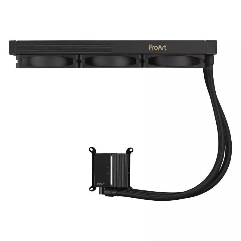 Skysčio aušinimo rinkinys ASUS ProArt LC 360 Black — 3x120 mm ventiliatoriai 800–2200 RPM, radiatorius 360 mm, varinė bazė, 40 cm vamzdeliai